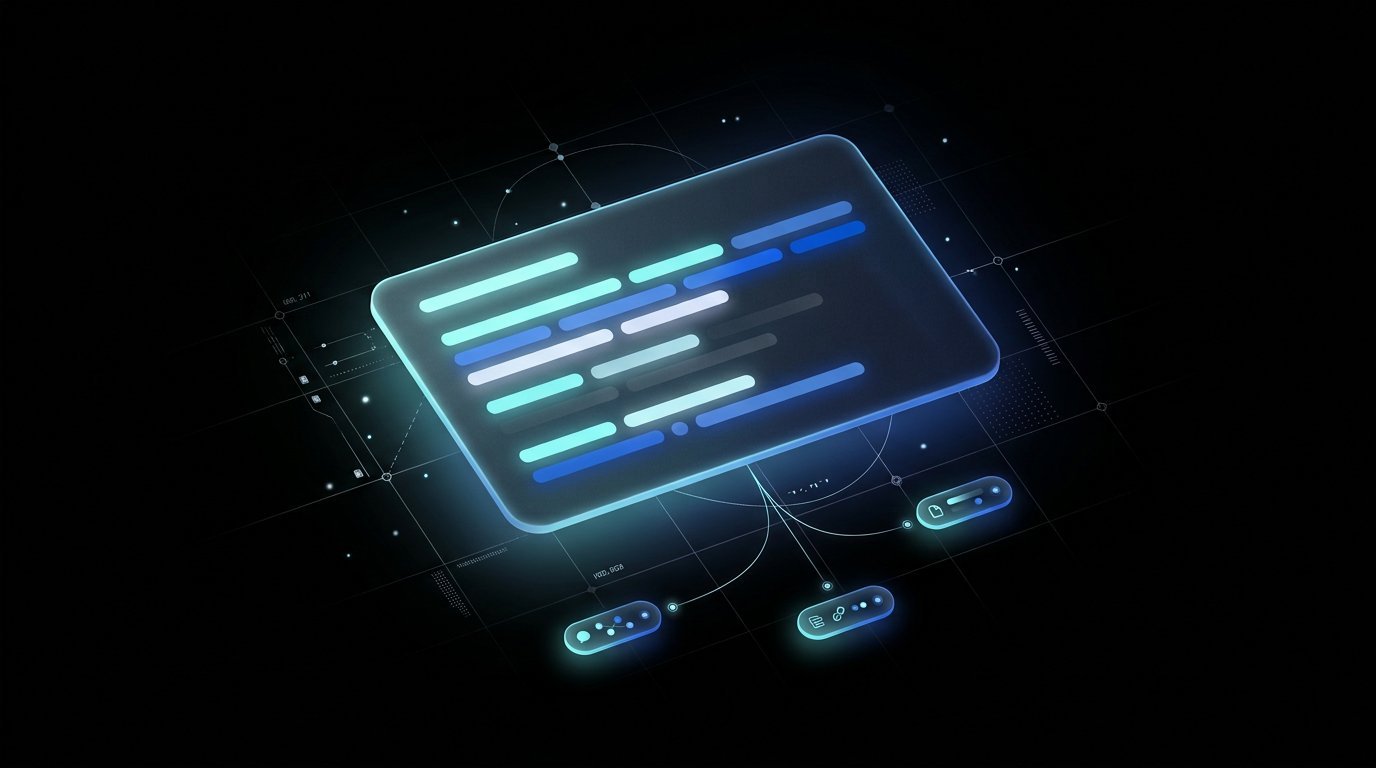 Abstract dark interface showing an AI answer card with cited source chips in cyan
