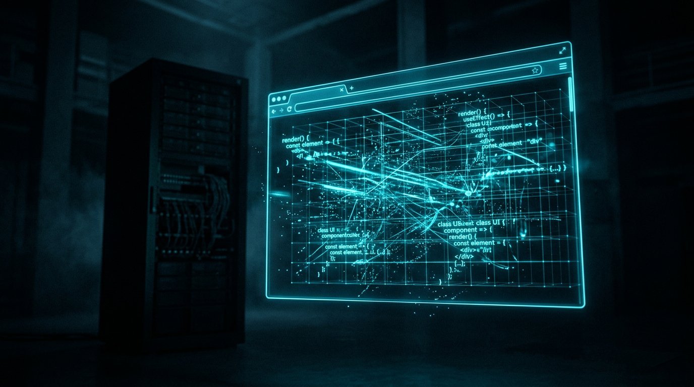 A browser window rendered against a dark backdrop, cyan JavaScript weaving a page lattice in the client while the server stays dark behind it.