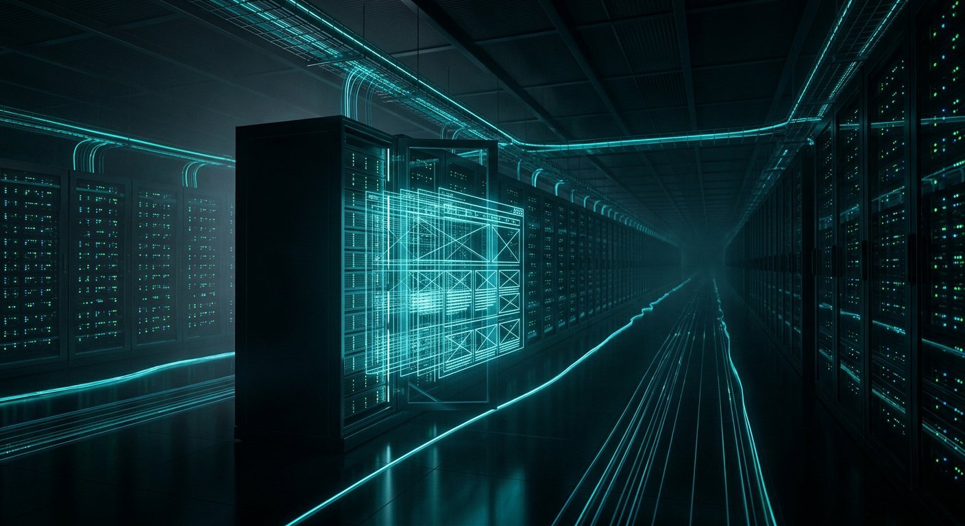 A dark server hall at night, cyan fibre light tracing through racks as a webpage lattice forms in the air.