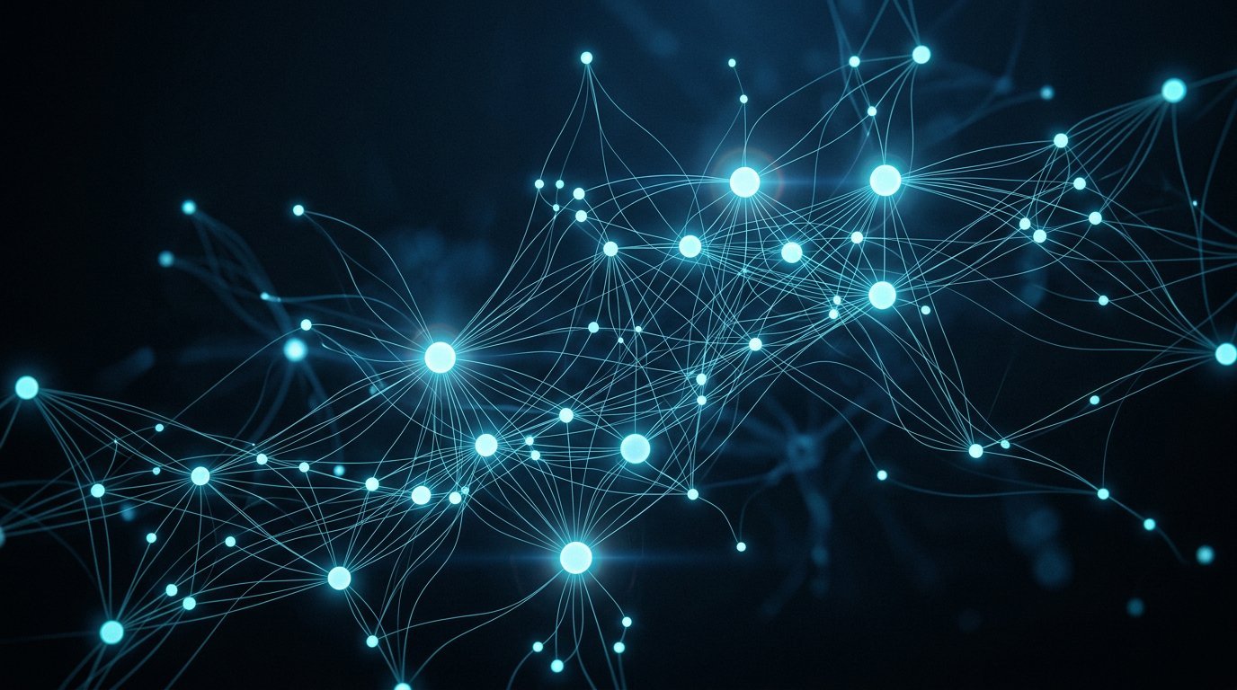 Abstract network of glowing nodes and links representing an off-page SEO backlink graph