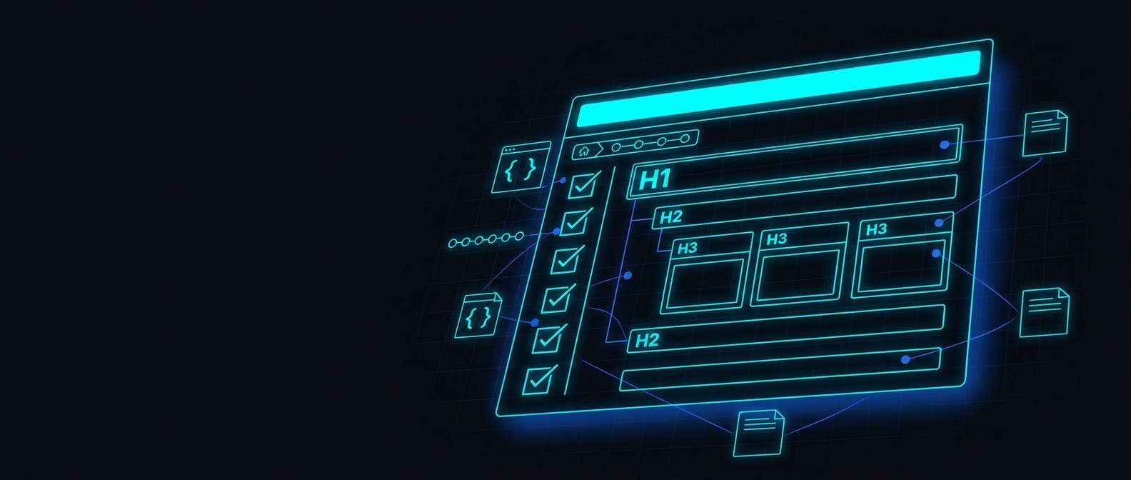 A floating webpage blueprint in the dark — glowing cyan title and heading bars above checklist ticks, schema tags and internal-link lines tracing a page structure