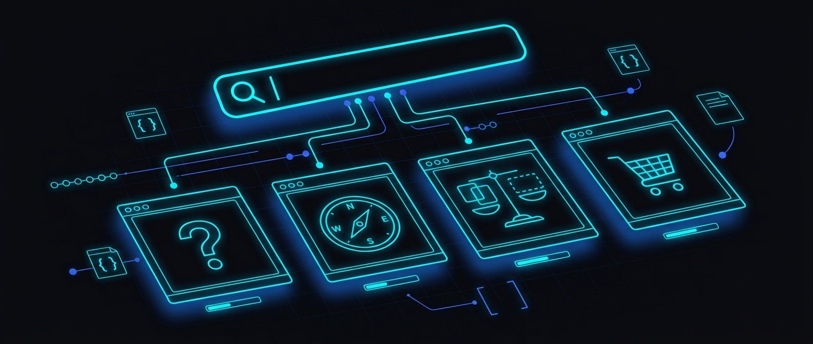 A glowing neon search bar branching into four intent paths — a question mark, a compass, a comparison scale and a shopping cart — drawn in cyan line art on a dark grid