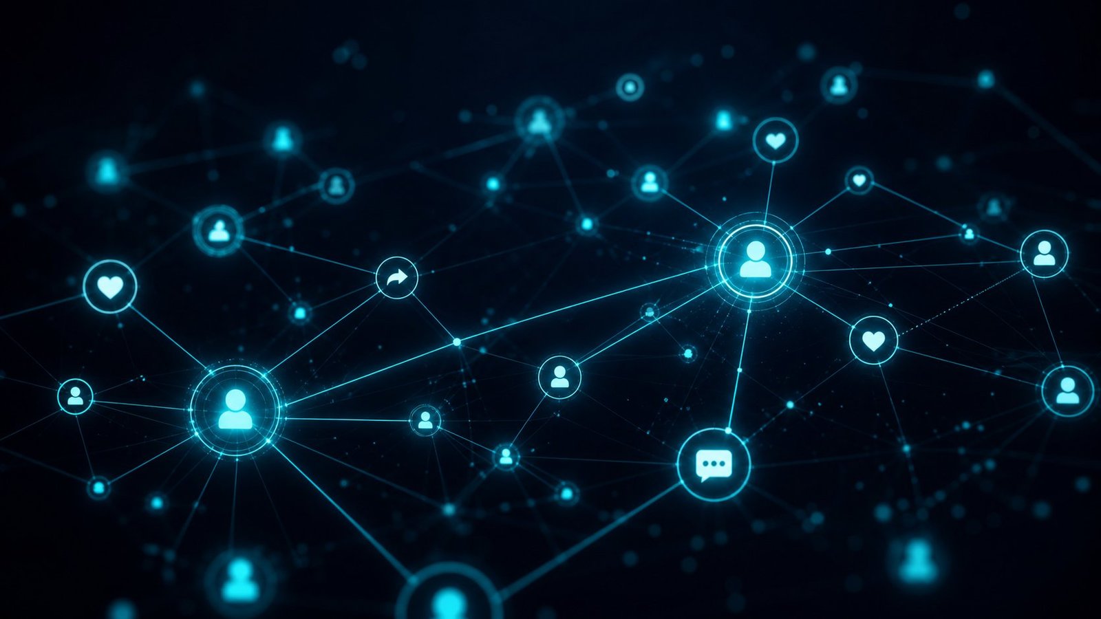 Abstract social network graph of glowing cyan nodes, hearts and share arrows over a dark background